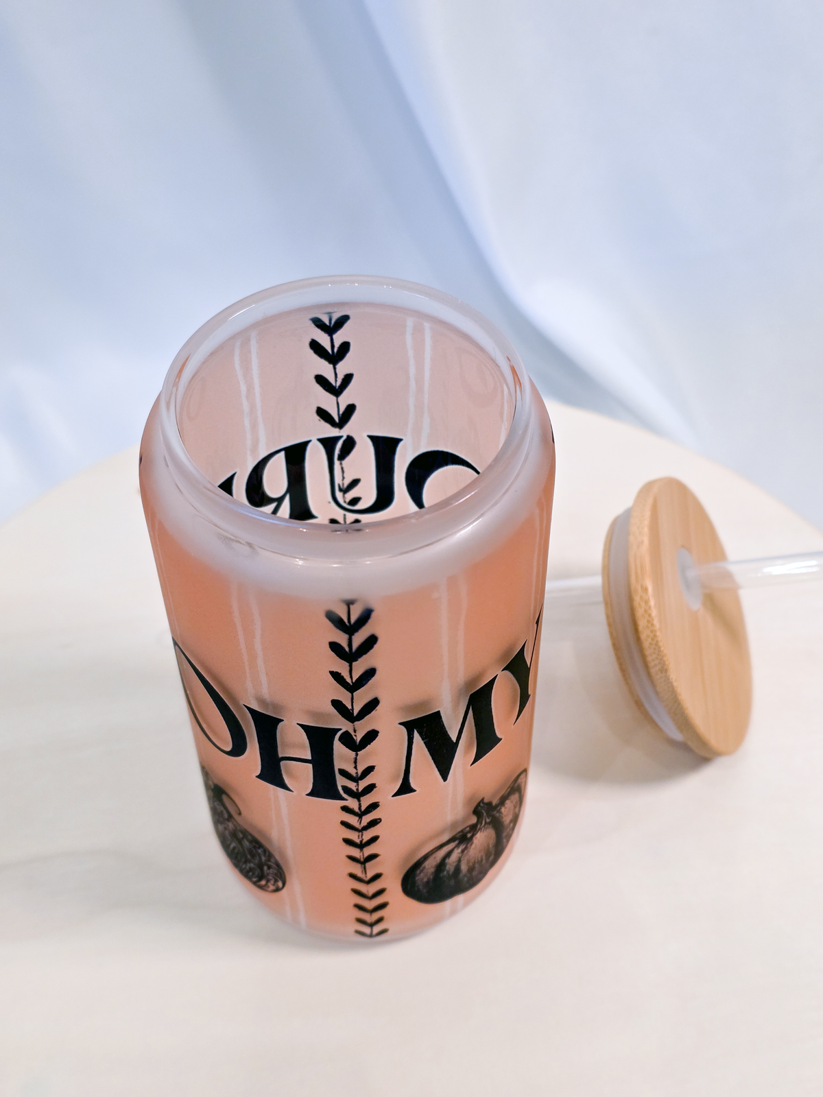 OH MY GOURD, 16oz Frosted Soda Glass with Bamboo Lid & Straw