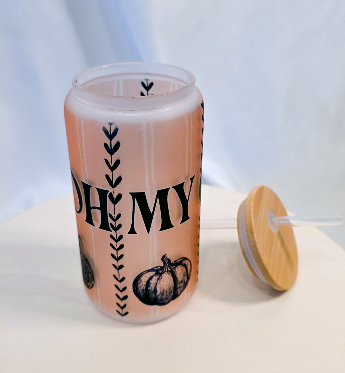 OH MY GOURD, 16oz Frosted Soda Glass with Bamboo Lid & Straw